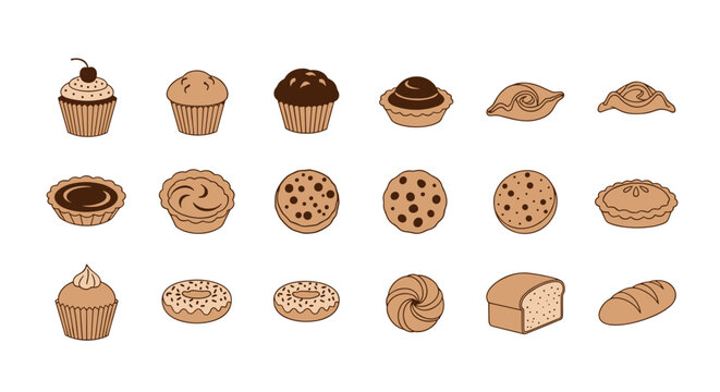 Collection of delicious baked goods and pastries in a simple, charming illustration style