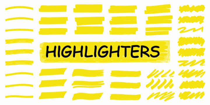 Collection of vibrant yellow highlighter strokes and the word highlighters