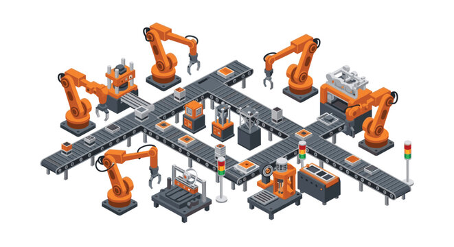 Orange robotic arms perform intricate assembly tasks on an isometric grid conveyor system featuring metallic platforms and glowing signal lights throughout.