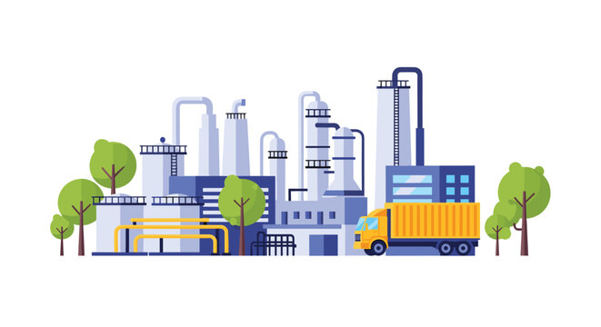 A flat vector illustration of a chemical processing plant featuring tall storage tanks and pipelines with a yellow delivery truck parked in the scenery.
