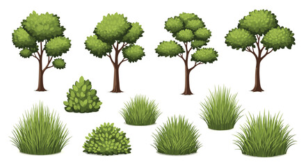 Fototapeta premium Assorted group of four lush deciduous trees and five various green bushes and grass patches arranged neatly on a clean white background for design.