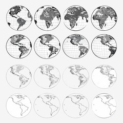 Obraz premium Multiple grayscale images of earth s continents within circular frames