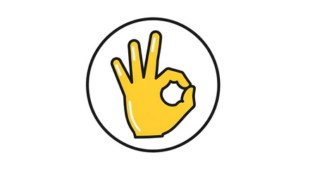 Fototapeta premium Cartoon hand gesturing ok sign with yellow skin tone and black outline on white circle against dark black background