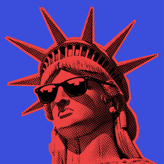 Statue of Liberty Wearing Cool Sunglasses in Retro Halftone Pop Art Style © Satoru Sketches
