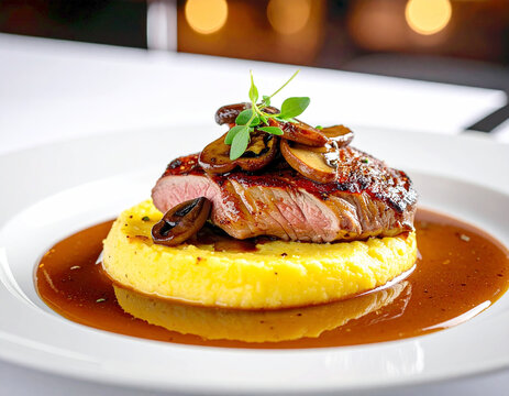 Duck breast filet with polenta and caramelized mushrooms in hearty beer sauce, elegant plating. AI