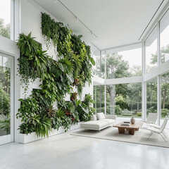 Fototapeta premium A bright, ultra-modern living room interior featuring a spectacular vertical garden covering an entire wall, with double-height glass windows overlooking a lush outdoor forest, minimalist white furnit