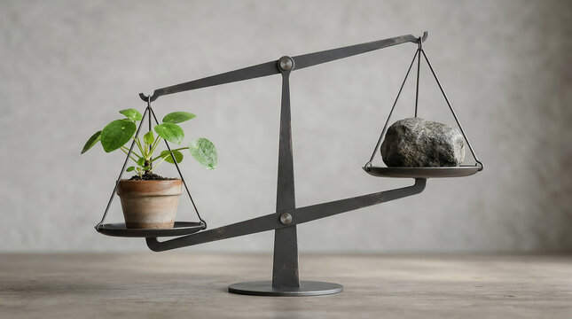 A conceptually poignant photography study of a balance scale where a thriving green plant in a terracotta pot has a greater weight and dominates a substantial stone, symbolizing the ultimate power, re