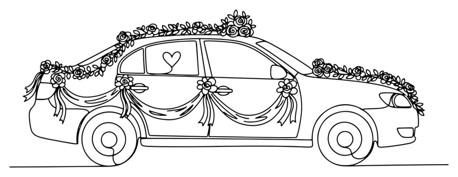 Wedding car decorated with flowers and ribbons one line drawing continuous line art marriage ceremony vehicle minimalist vector