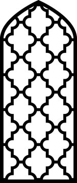 Vector illustration of an arched architectural panel with a Moroccan quatrefoil or lattice pattern. This geometric design is optimized as a template for laser cutting and CNC milling.