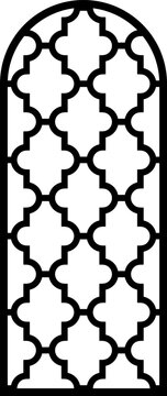 Vector illustration of an arched architectural panel featuring a  Moroccan quatrefoil or trellis lattice. This geometric design is optimized as a template for laser cutting, CNC routing.
