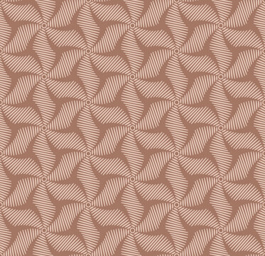 A sophisticated, seamless vector pattern featuring interlocking star-like or floral geometric shapes in a mocha mousse clay palette. Each element is composed of rhythmic, diagonal hatched lines.