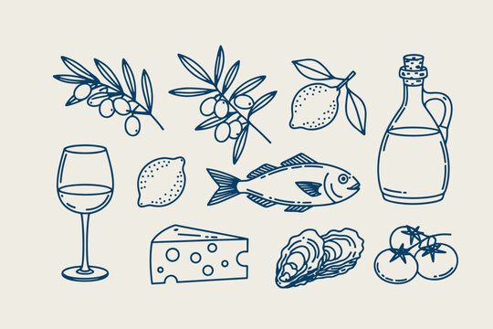 Hand-drawn collection of mediterranean food and drink including olives, lemons, fish, wine, cheese, oysters, and tomatoes