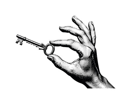 A hand delicately holding a skeleton key between fingertips, symbolic gesture, off-center composition with negative space, monochrome halftone illustration,