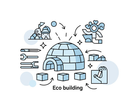 Eco building process. A central igloo is partially built, with tools and blocks arranged neatly around it and arrows showing step-by-step construction. Small