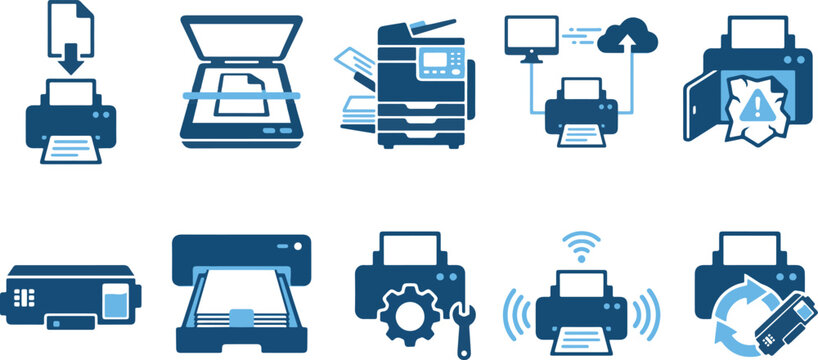 A collection of blue printer icons on a white background