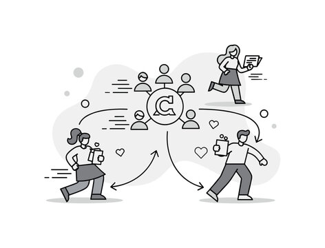 Employee engagement. A team is connected through smooth lines to a central company symbol, forming a cohesive network. Subtle motion shapes and