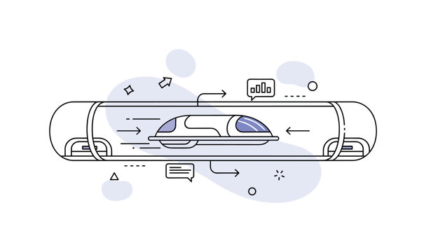 Futuristic transport system. A single hyperloop pod glides inside a tube, connected to simple station icons at each end. Tiny arrows and data symbols highlight
