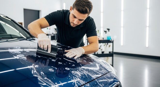 Man detailing car hood with polish and mitt in bright auto service garage