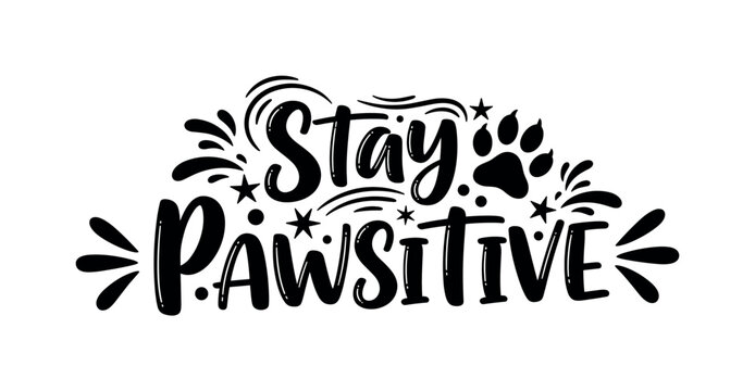 Stay Pawsitive. lettering and all elements in black. Vector style. White background. Pure white background. Perfect isolation and visual consistency. Bold