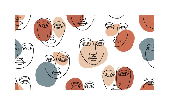 Minimal line art faces, seamless pattern, repeating pattern, surface design, textile print, soft color palette, modern illustration, no shadows, flat lighting,