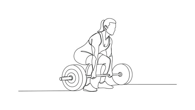 "Deadlift Exercise". Minimalistic one-line drawing person lifting barbell with proper form and focused posture, continuous single black line on white