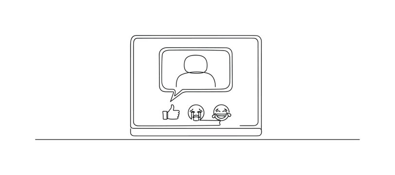 "Meme Concept". Minimalistic one-line drawing screen showing simple image with caption bubble and reaction icons, continuous single black line on white