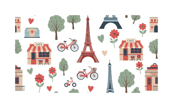 Paris landmarks romantic theme, seamless pattern, repeating pattern, surface design, textile print, soft color palette, modern illustration, no shadows, flat