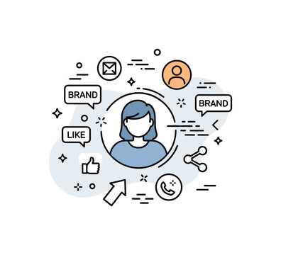 Digital persona branding. A central avatar is surrounded by simple brand icons and engagement symbols like likes and shares. Tiny stars and motion lines
