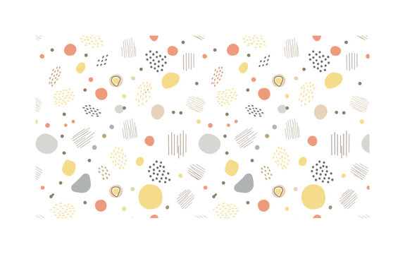 Minimal dot shapes with abstract spacing, seamless pattern, repeating pattern, surface design, textile print, soft color palette, modern illustration, no