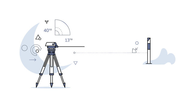 Geodetic measurement. A single survey tripod with a mounted device points toward a distant marker pole, connected by a thin dotted line. Subtle angle arcs and