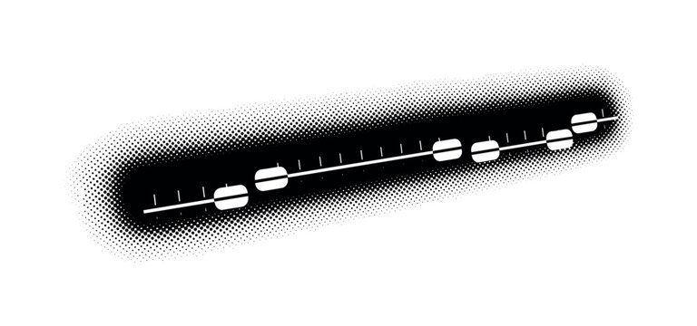 A row of minimal slider controls aligned horizontally, off-center composition with strong negative space, black and white halftone illustration, dot pattern
