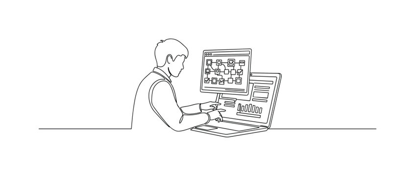"Online Education Platform". Minimalistic one-line drawing student interacting with laptop showing structured lessons and progress indicators, continuous