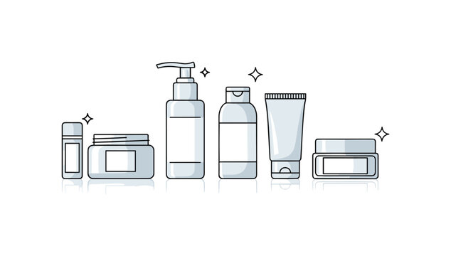 Minimalistic beauty product collection. A small set of bottles and jars is arranged neatly with clean spacing, featuring soft reflections and subtle shadows.