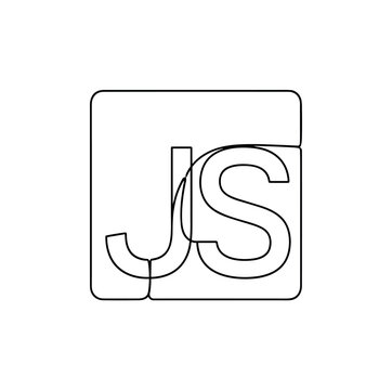 "JavaScript Logo". Minimalistic one-line drawing simplified JS logo with stylized letters "JS" in block or square, continuous single black line on white