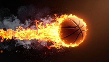Obraz premium Fiery basketball speeding through dark space, leaving a blazing trail of orange and yellow flames, symbolizing power, motion, and energy in intense athletic action.