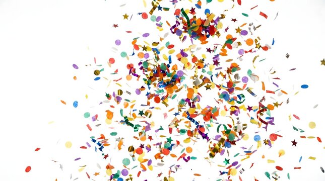 A vibrant explosion of colorful confetti and streamers scattered across a dynamic composition, perfect for celebrations.