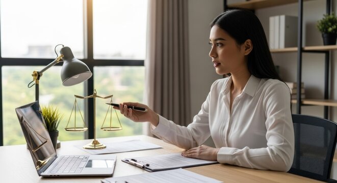 Lawyer working at desk with laptop and scales of justice.