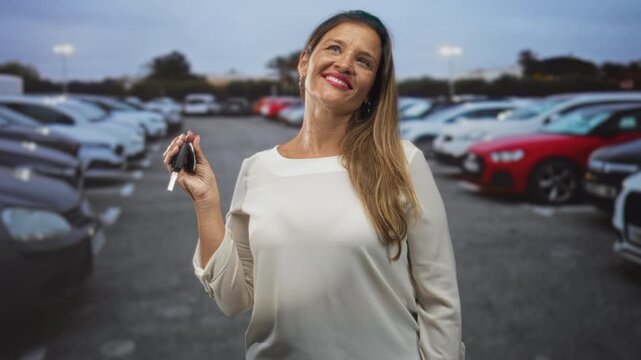 Woman holding car keys aloft and touching hair while smiling in a street parking lot filled with parked cars and lamps, posing like a new owner; pride ownership.