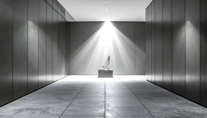 Obraz premium Dramatic lighting in a sleek modern hallway, spotlight illuminating an abstract sculpture, minimalist art gallery interior design.