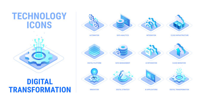 Technology icons set for Digital Transformation workflow diagram - AI, data analytics, business automation, integration, cloud, platform - high quality isometric vector isolated on white background