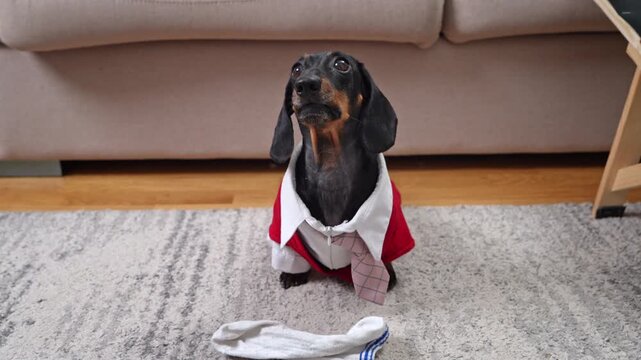 A dachshund clutching a sock in its teeth, its puppy eyes begging for forgiveness &ndash; an irresistible, guilt-inducing charm that is the everyday reality of every dog ​​owner.