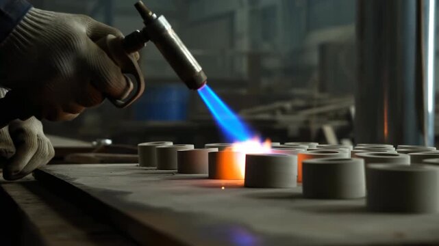 Industrial Technician Carefully Heating Bearings And Seams With Blowtorch Amidst Machinery And Sparks