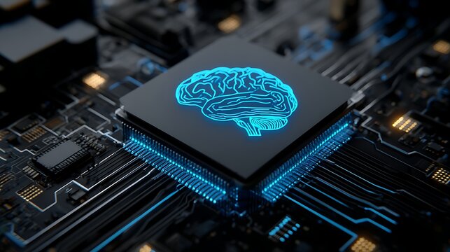 Luminous blue human brain symbol on a computer processor chip set on a dark electronic