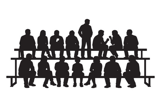 Silhouette Crowd of People Sitting on Bleachers Watching and Socializing in Rows