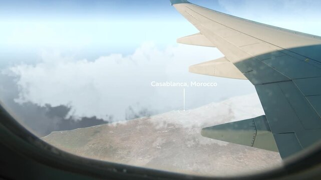 Airplane Flying over Casablanca, Morocco and Clouds. Aerial Airplane scenes. Jet Flying Over City. Aerial City Animation &ndash; Vox Style Map Animation in 4K