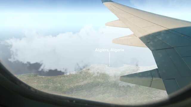 Airplane Flying over Algiers, Algeria and Clouds. Aerial Airplane scenes. Jet Flying Over City. Aerial City Animation &ndash; Vox Style Map Animation in 4K