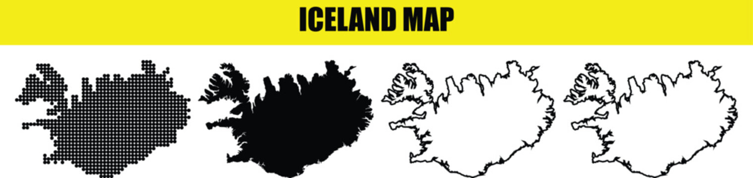 Four variations of iceland map outlines, including dotted, solid, and linear styles