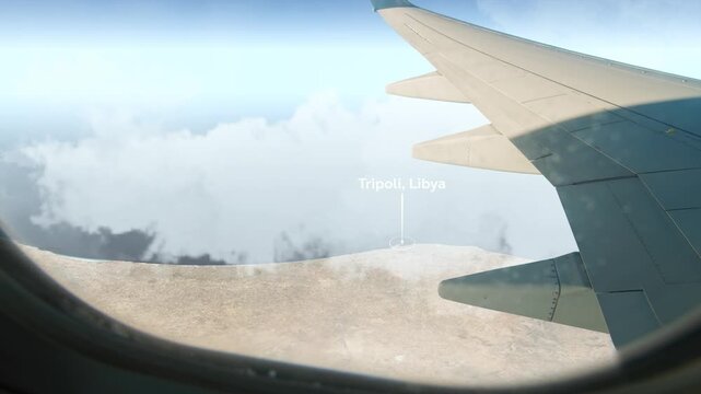 Airplane Flying over Tripoli, Libya and Clouds. Aerial Airplane scenes. Jet Flying Over City. Aerial City Animation &ndash; Vox Style Map Animation in 4K