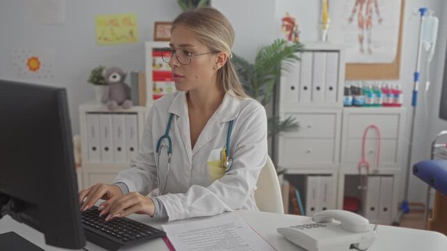 Woman doctor types on keyboard with hands on keys and stethoscope visible in clinic building; professional care calm.