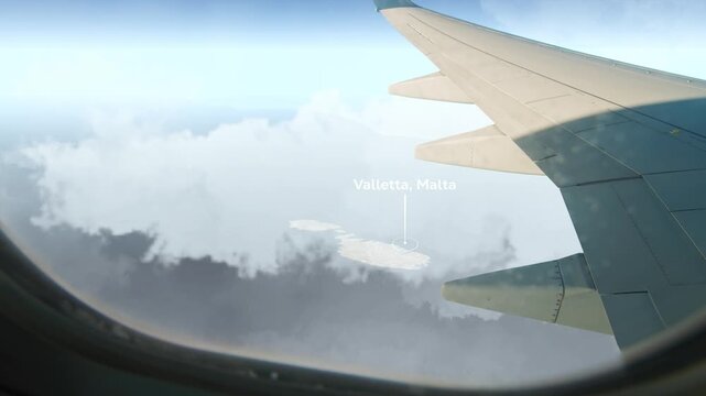 Airplane Flying over Valletta, Malta and Clouds. Aerial Airplane scenes. Jet Flying Over City. Aerial City Animation &ndash; Vox Style Map Animation in 4K
